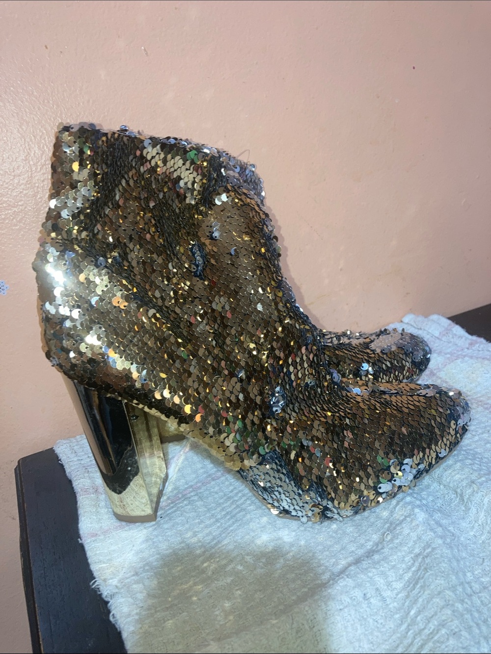 Gold Sequin Ankle Booties with Metallic Block Heel